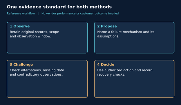 One evidence standard for both methods: Reference workflow showing Observe, Propose, Challenge, and Decide steps
